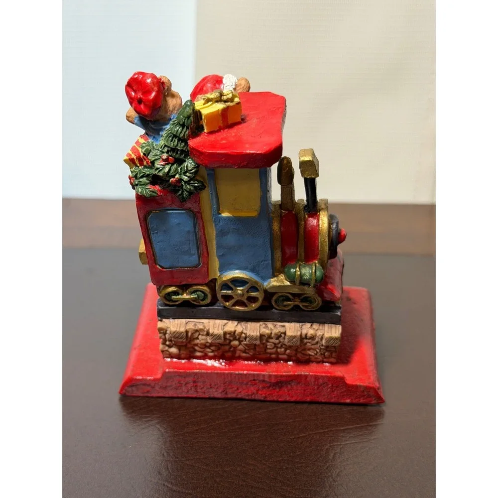 Vintage Christmas Train Teddy Bear Stocking Holder Cast Iron Red Blue Holiday